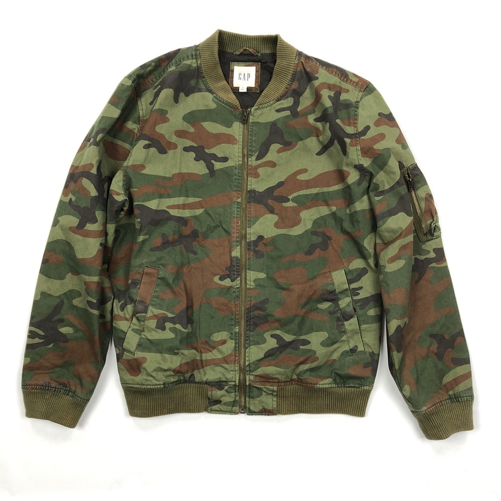 Gap Mens Camo Bomber Jacket Green Brown Cotton Full Zip Flight Jacket Medium